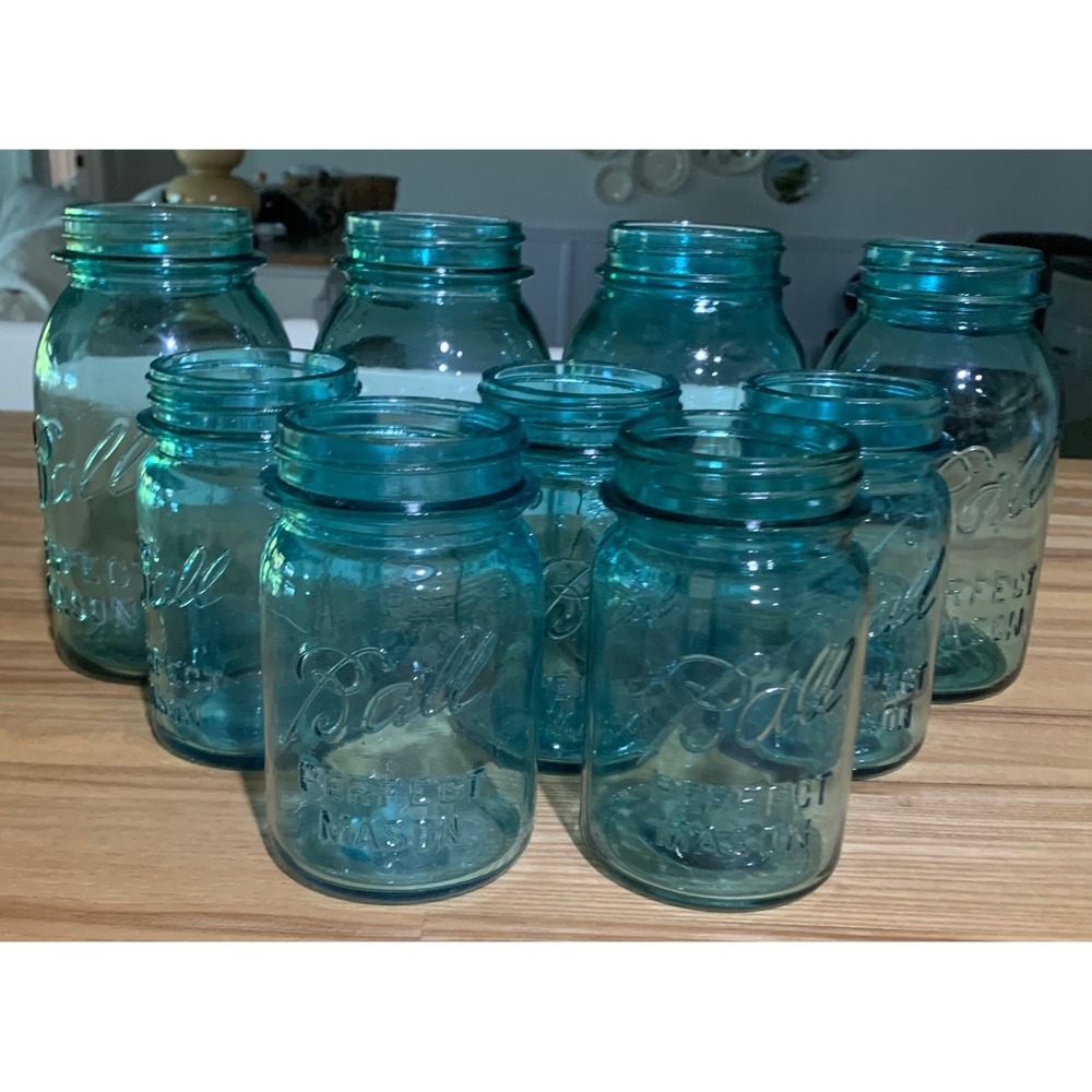 Vintage 1910 Ball Perfect Mason Jars Aqua Blue Glass Set 10 Retro Cottagecore